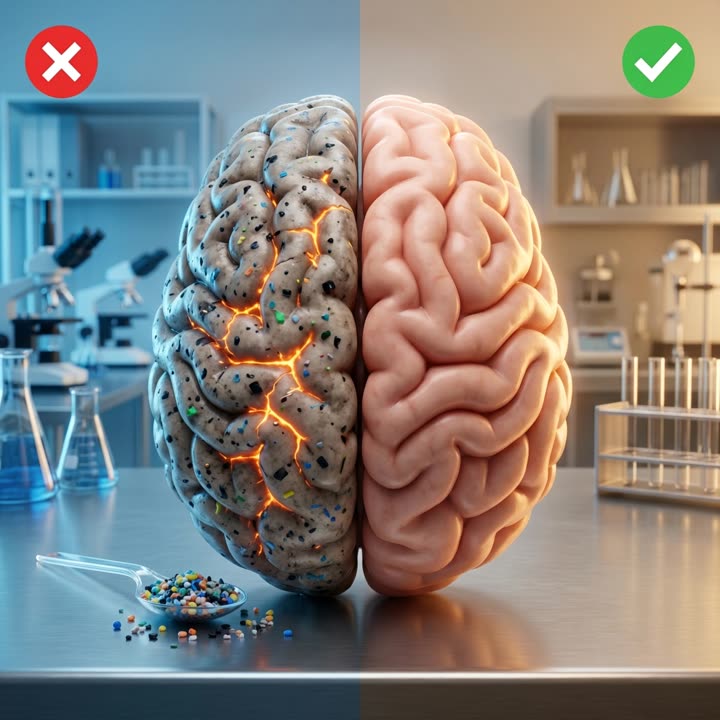 Illustration of microplastic particles accumulating in human brain tissue